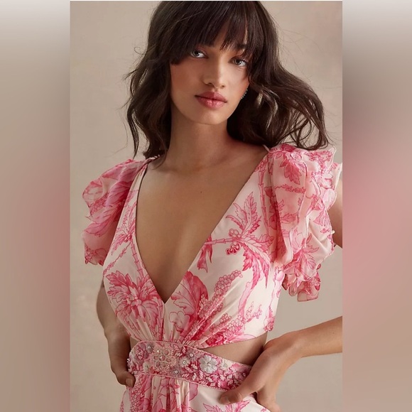 Mac Duggal Anthropologie Floral Printed Ruffle Shoulder Lace Up Gown size 2. - Picture 5 of 17